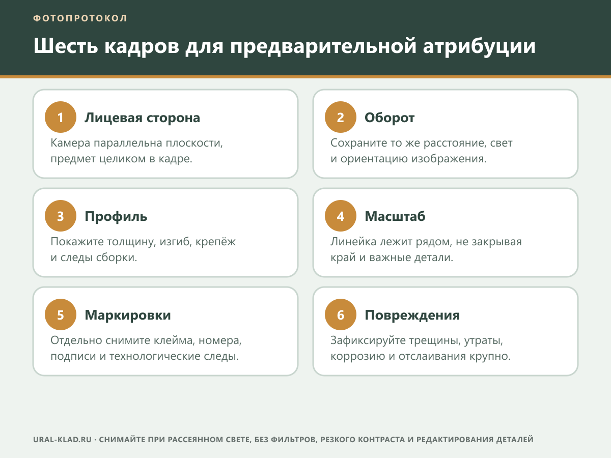 Шесть фотографий старинного предмета для предварительной атрибуции