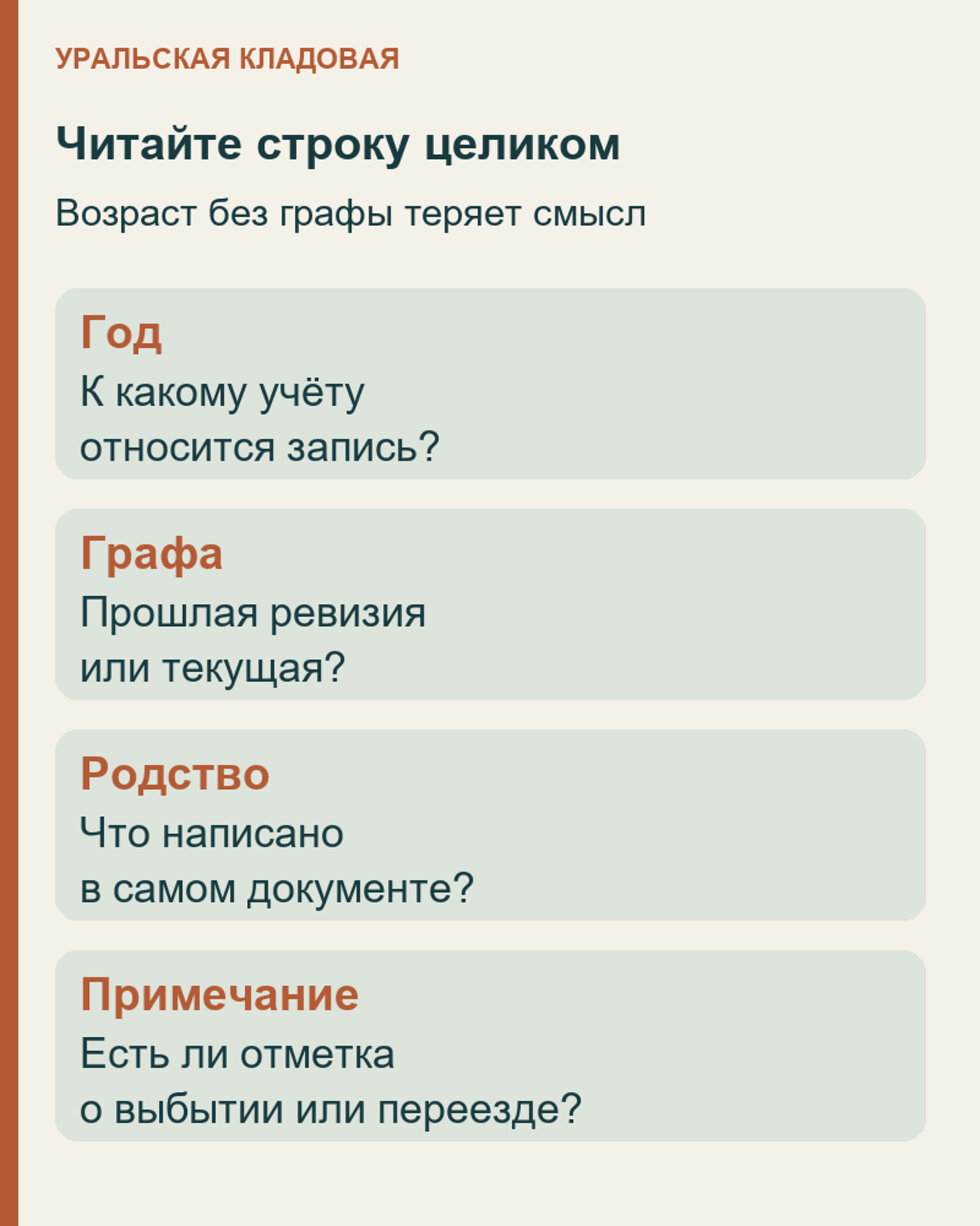 Чтение ревизской записи: год, заголовок графы, строка человека и примечания
